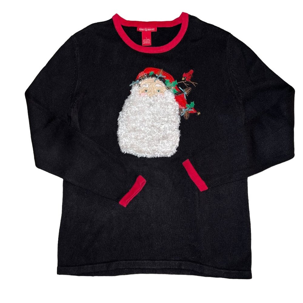 MERRY & BRIGHT BLACK SANTA WITH SOFT & FUZZY BEARD CREWNECK SWEATER SIZE…